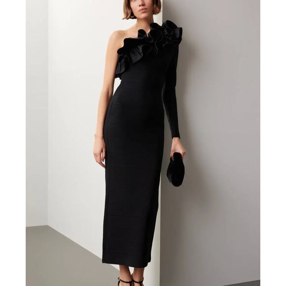 Herve Leger Black Bandage Gown MEDIUM One Shoulder Ruffle Formal Designer $1990 - Picture 1 of 12